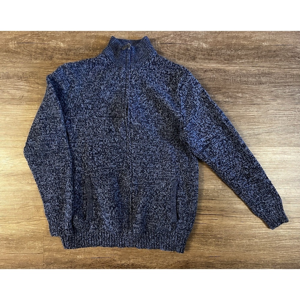 LL Bean Mens Lambs Wool Full Zip Sweater Jacket Blue Navy With Pockets B9